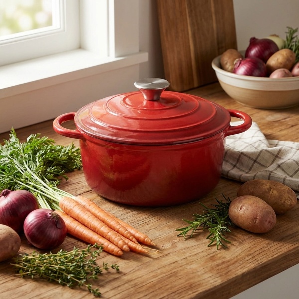 Premium Gusseisen Topfset 2tlg. in Rot - Emaillierter Schmortopf Set mit Deckel (22cm & 28cm) - Ideal für Induktion, Backofen & alle Herdarten - Robust & Edel