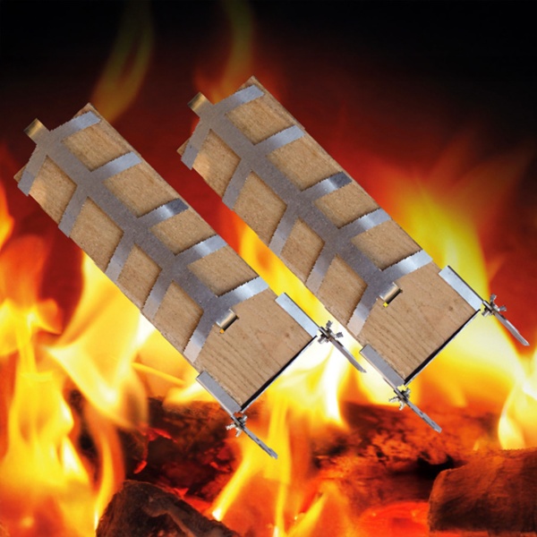 2er-Set Flammlachsbrett mit Edelstahlhalterung und praktischer Klemmhalterung für Feuerschalen Lachsbrett Fischhalter Grillzubehör Lachs