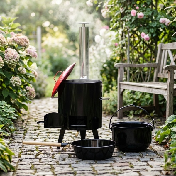 Gulaschkanone mit emailliertem Kesseltopf Ø 35 cm und Maronenpfanne Suppenküche für Kesselgulasch Glühwein Outdoor Party Garten Kocher