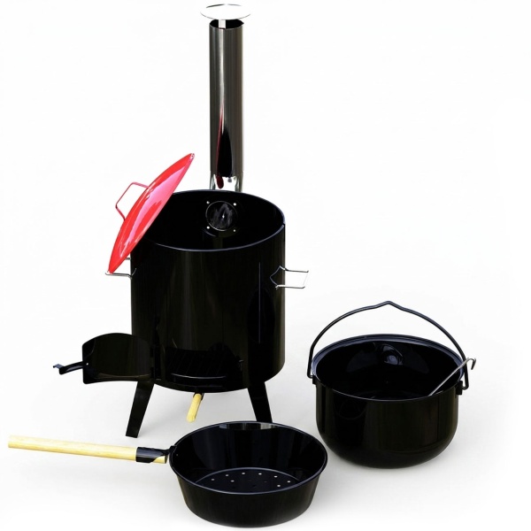Gulaschkanone mit emailliertem Kesseltopf Ø 35 cm und Maronenpfanne Suppenküche für Kesselgulasch Glühwein Outdoor Party Garten Kocher