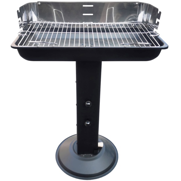 Rechteckiger Standsäulengrill in Schwarz – Robuster Holzkohlegrill mit Windschutz, verstellbarem Rost, Aschefach & Zugluftregelung