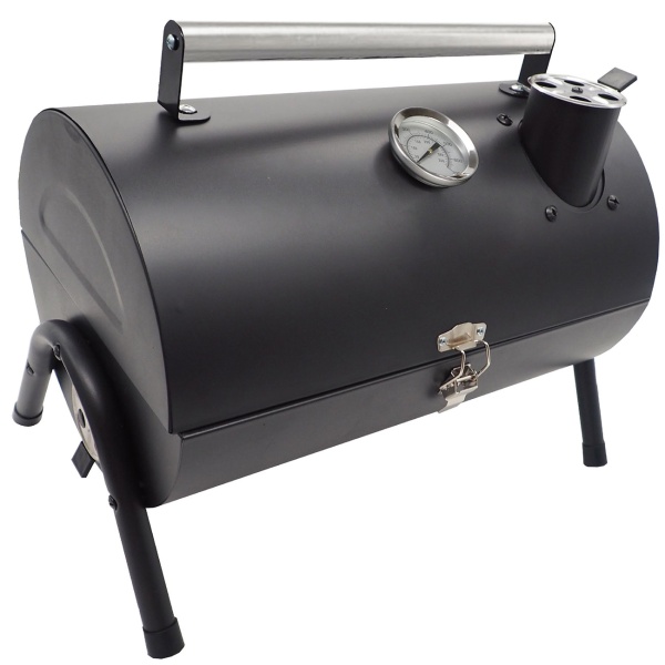 Kompakte Grilltonne Schwarz 28,5x41x18 cm - Kompakter Metall Holzkohlegrill mit Edelstahltragegriff, Thermometer, Rauchabzug
