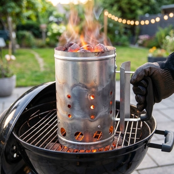 Grill-Anzündkamin - schnelles Durchglühen von Kohle & Briketts für ideale Glut durch Kamin-Effekt - stabiler Griff mit Hitzeschild