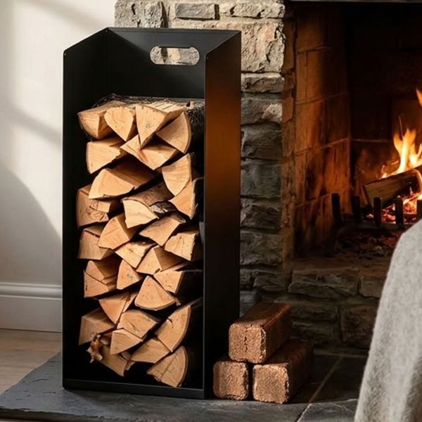 Elegantes Kaminholz- und Brikettregal 30x30x75 cm – Stabiles Kaminholzregal, pulverbeschichtetes Metall in Schwarz, Robuster Holzaufbewahrung-Ständer