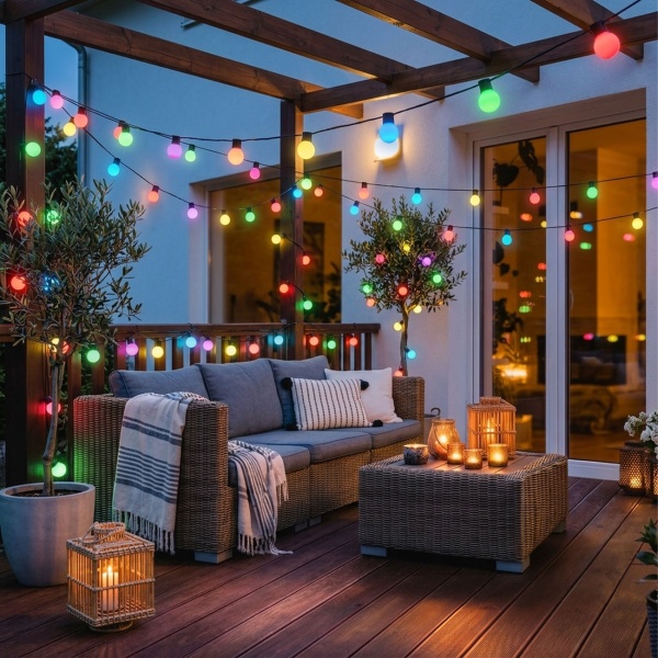 2er-Set WLAN Partylichterkette RGB 10,8 m mit je 48 LED Kugeln Ø 30 mm – App- und Sprachsteuerung, Musikmodus, Timer, für den Aussenbereich IP65