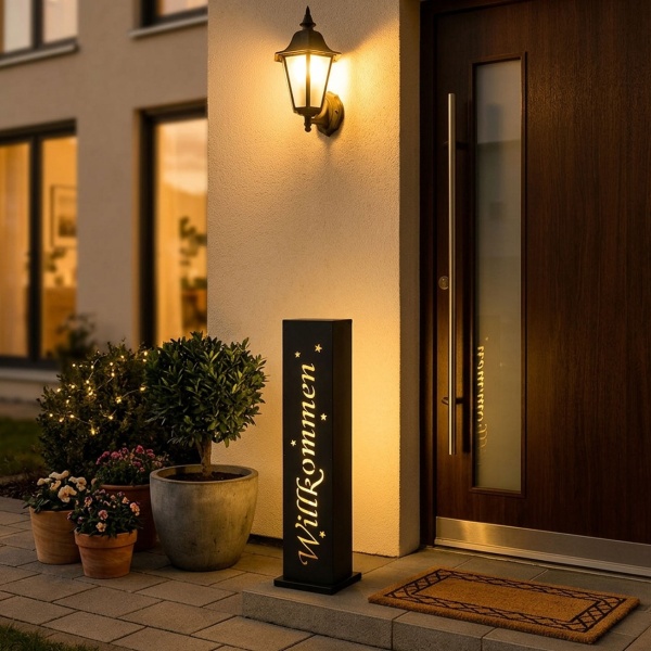LED-Stele Willkommen aus Metall 90cm mit Beleuchtung & Timer – Leuchtende Dekosäule für Haustür, Eingangsbereich, Terrasse & Wintergarten