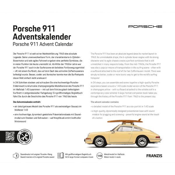 Porsche 911 Adventskalender als Modellauto-Bausatz in 1:43 mit Sound: Hochwertiges Retro-Sammler-Auto-Geschenk für Erwachsene & Kinder ab 14 Jahren