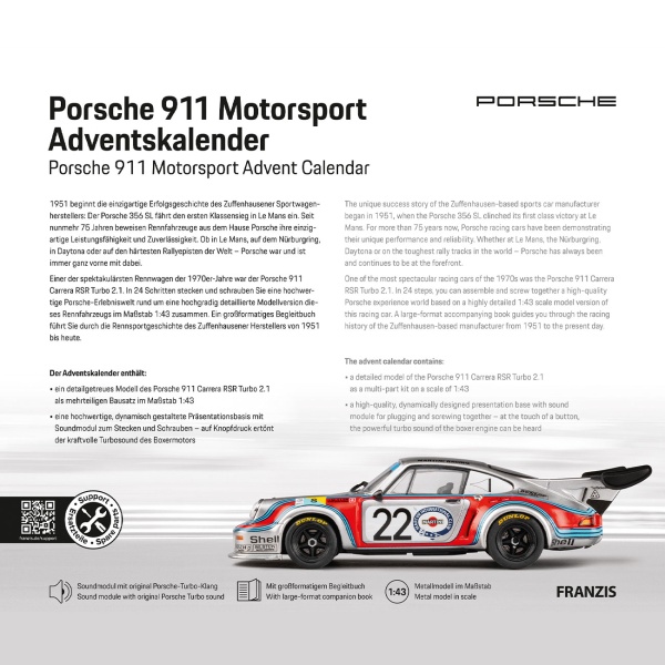 Porsche 911 Carrera RSR Turbo 2.1 Adventskalender - Hochwertiger Modell-Bausatz 1:43 mit Sound - Sammlerstück für Auto-Fans & Technik-Liebhaber
