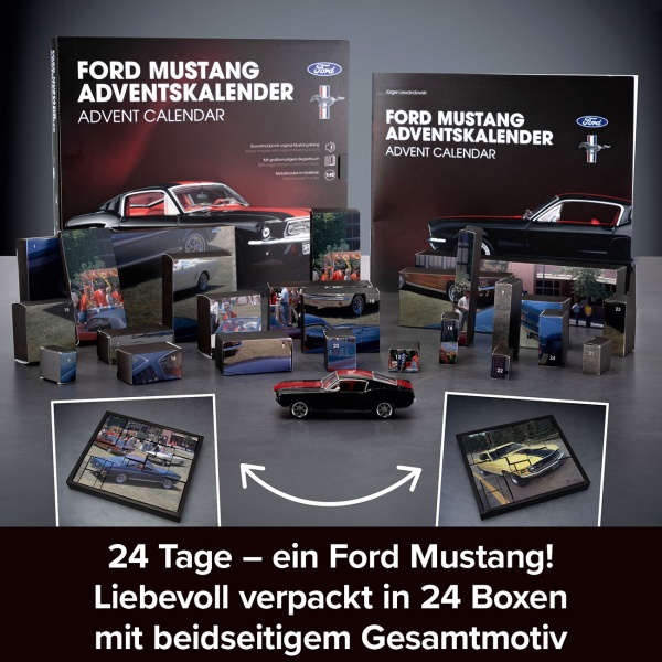 Ford Mustang Adventskalender – Fastback Modellauto 1:43 Bausatz in Schwarz mit V8 Soundbasis, Begleitbuch & Zubehör – Geschenk für Auto Fans
