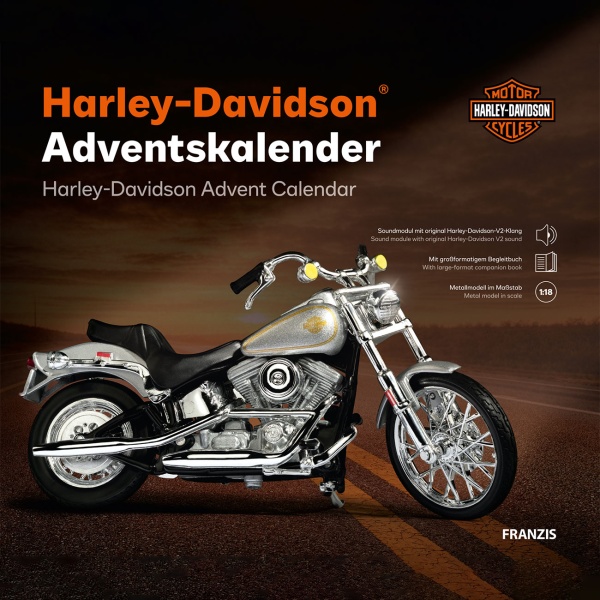Harley-Davidson Adventskalender 2024 – FXST Softail Modellbausatz 1:18 mit V2 Soundmodul, Begleitbuch & Zubehör – Geschenk für Motorrad Fans