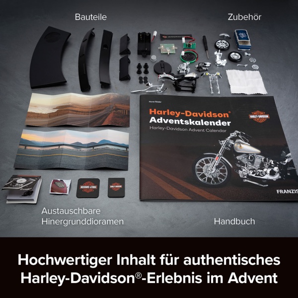 Harley-Davidson Adventskalender 2024 – FXST Softail Modellbausatz 1:18 mit V2 Soundmodul, Begleitbuch & Zubehör – Geschenk für Motorrad Fans