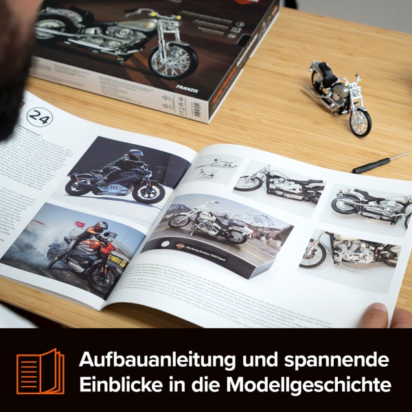 Harley-Davidson Adventskalender 2024 – FXST Softail Modellbausatz 1:18 mit V2 Soundmodul, Begleitbuch & Zubehör – Geschenk für Motorrad Fans