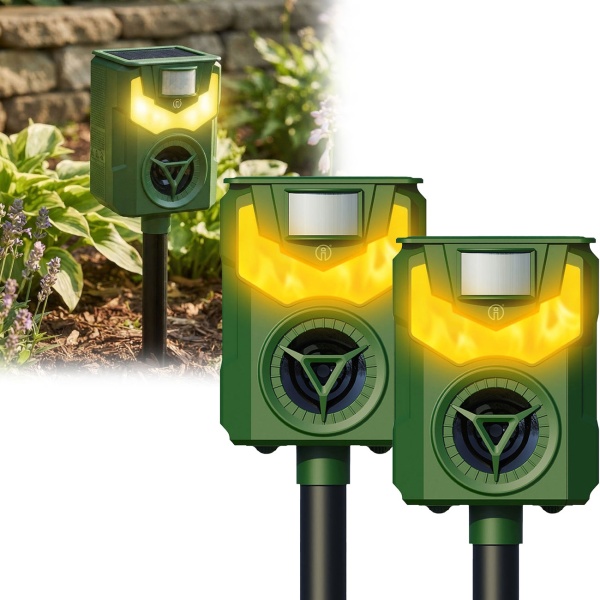 2er-Set Solar & USB Tiervertreiber mit Ultraschall & Flammenlicht – Zuverlässiger Schutz für Garten, Hof & Feld gegen Wildtiere, Katzen & Hunde