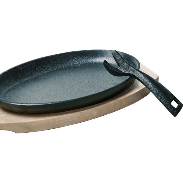 4er-Set Massive Profi Servierpfanne aus Gusseisen mit Holz-Untersetzer, 24 x 14 x 2,2 cm, Abnehmbarer Griff bis 230 °C hitzebeständig 