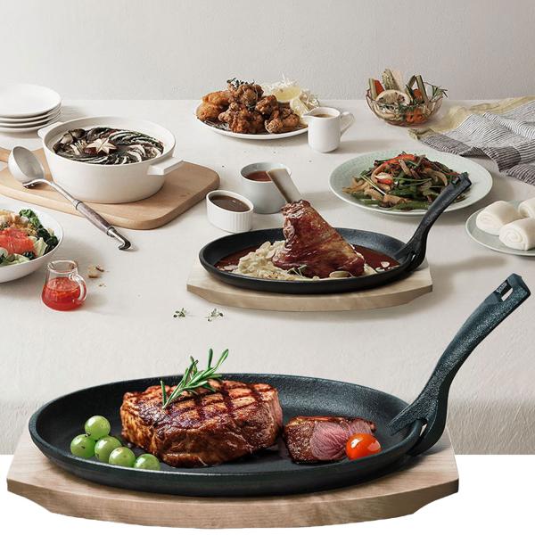 Massive Profi Servierpfanne aus Gusseisen mit Holz-Untersetzer, 24 x 14 x 2,2 cm, Abnehmbarer Griff bis 230 °C hitzebeständig 