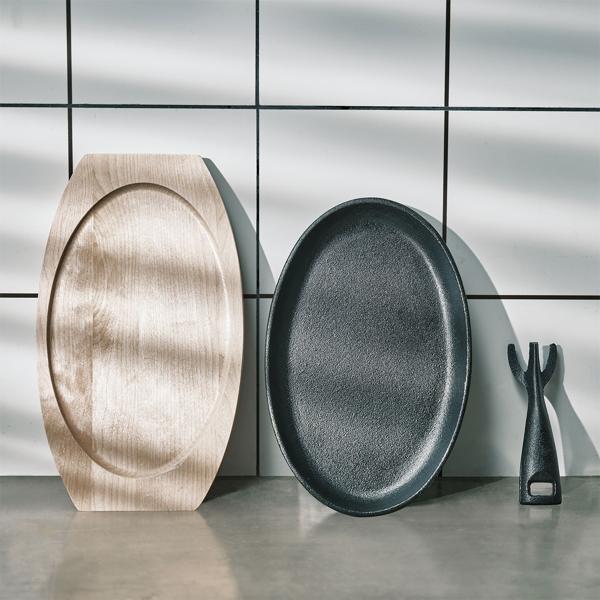 4er-Set Massive Profi Servierpfanne aus Gusseisen mit Holz-Untersetzer, 24 x 14 x 2,2 cm, Abnehmbarer Griff bis 230 °C hitzebeständig 