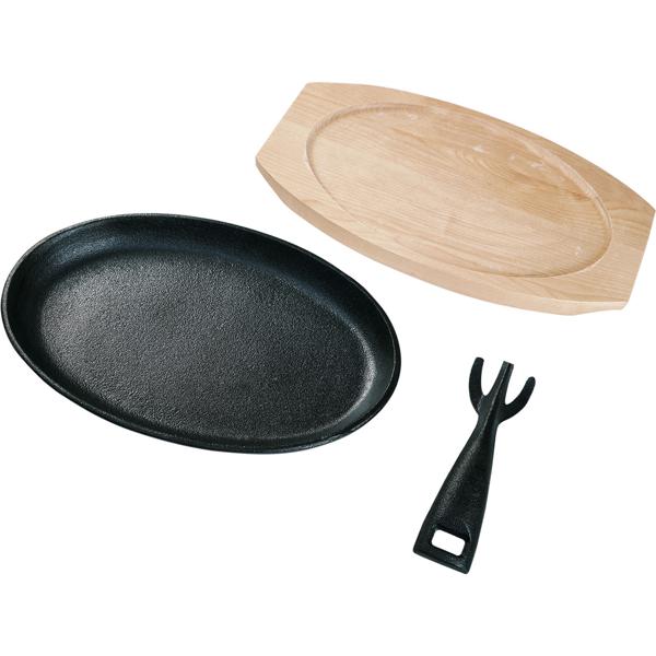 4er-Set Massive Profi Servierpfanne aus Gusseisen mit Holz-Untersetzer, 24 x 14 x 2,2 cm, Abnehmbarer Griff bis 230 °C hitzebeständig 