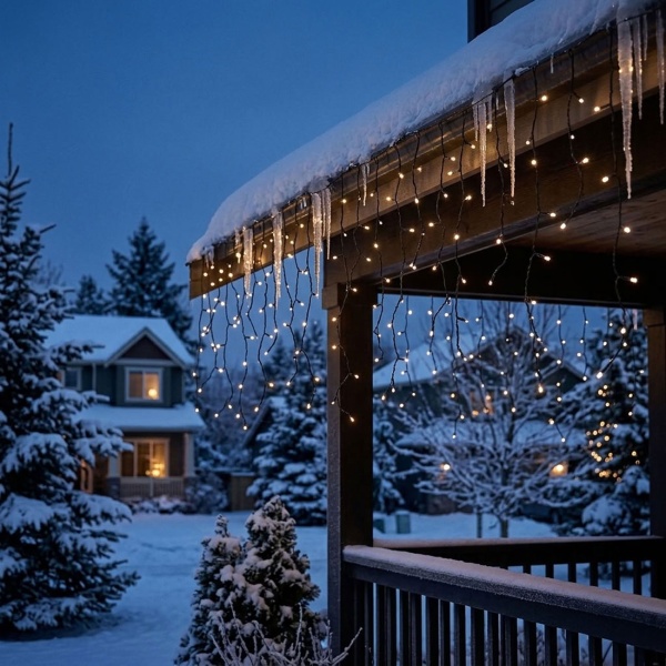 Eisregen Lichterkette aussen 360 LED warmweiss 9 m – Eiszapfen Lichtervorhang für Dachrinne, Terrasse und Fassade, IP44, Timer, 7 Modi