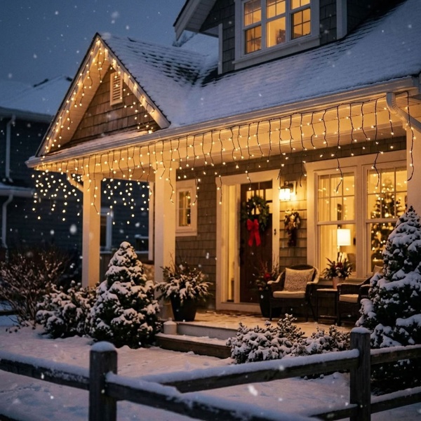 Eisregen Lichterkette aussen 360 LED warmweiss 9 m – Eiszapfen Lichtervorhang für Dachrinne, Terrasse und Fassade, IP44, Timer, 7 Modi
