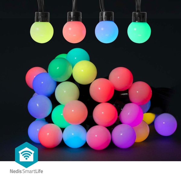 WLAN Partylichterkette RGB 10,8 m mit 48 LED Kugeln Ø 30 mm – App- und Sprachsteuerung, Musikmodus, Timer, für den Aussenbereich IP65