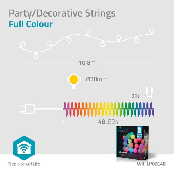 WLAN Partylichterkette RGB 10,8 m mit 48 LED Kugeln Ø 30 mm – App- und Sprachsteuerung, Musikmodus, Timer, für den Aussenbereich IP65