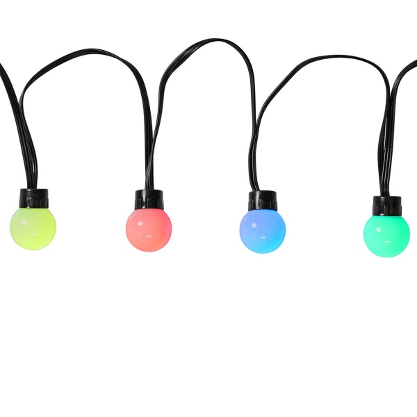 WLAN Partylichterkette RGB 10,8 m mit 48 LED Kugeln Ø 30 mm – App- und Sprachsteuerung, Musikmodus, Timer, für den Aussenbereich IP65