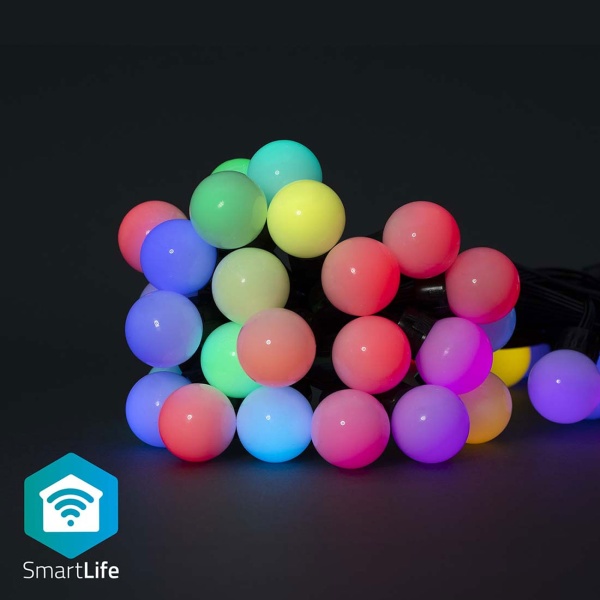 WLAN Partylichterkette RGB 10,8 m mit 48 LED Kugeln Ø 30 mm – App- und Sprachsteuerung, Musikmodus, Timer, für den Aussenbereich IP65