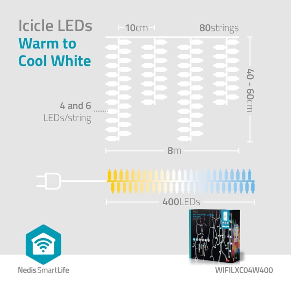 Eisregen Lichterkette WLAN 8 m mit 400 LEDs warmweiss bis kaltweiss – App- und Sprachsteuerung, dimmbar, 80 Stränge, IP65, transparentes Kabel