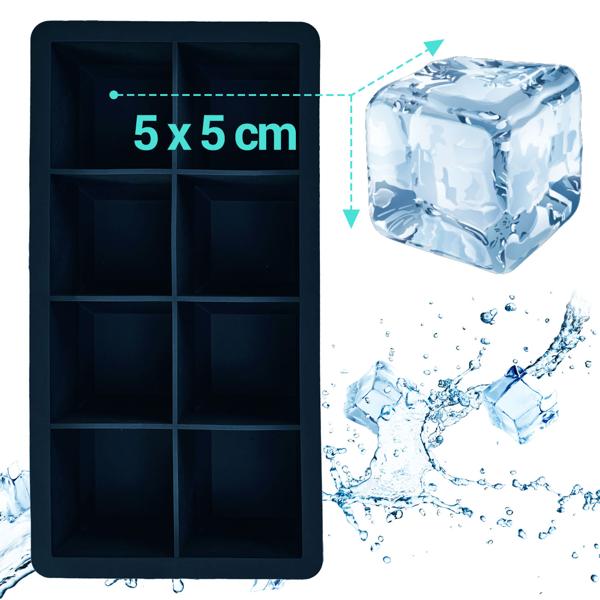 XXL Silikon Eiswürfelform (8 Fächer, 5x5cm): Grosse Eiswürfel, 1 Liter Füllmenge – BPA-freie, langlebige & wiederverwendbare Eiswürfelform