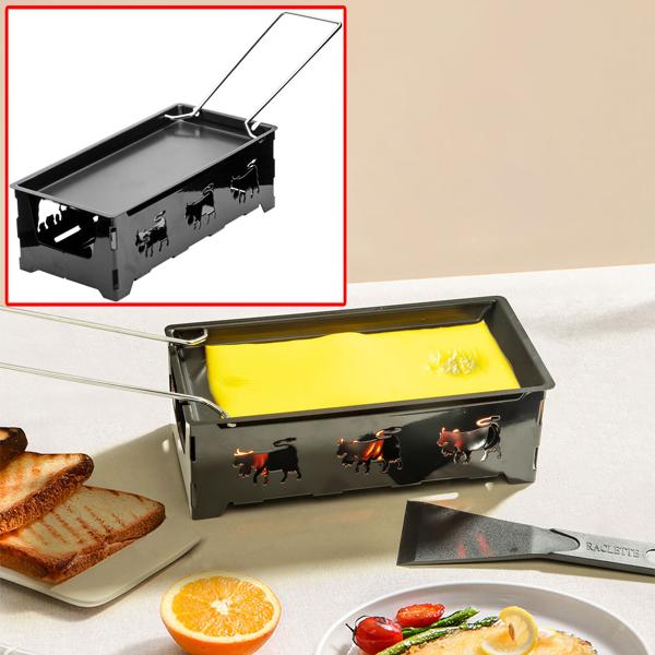 Teelicht-Raclette für 1-2 Personen, Raclette Set ohne Strom inkl. Teelichtern & Schaber, Metall mit originell ausgestanzten Kühen, antihaftbeschichtet