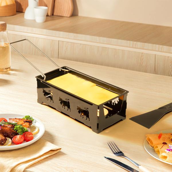 3er-Set Teelicht-Raclette für 1-2 Personen, Set ohne Strom, Teelichter & Schaber, Metall mit originell ausgestanzten Kühen, antihaftbeschichtet