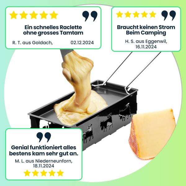 Teelicht-Raclette für 1-2 Personen, Raclette Set ohne Strom inkl. Teelichtern & Schaber, Metall mit originell ausgestanzten Kühen, antihaftbeschichtet