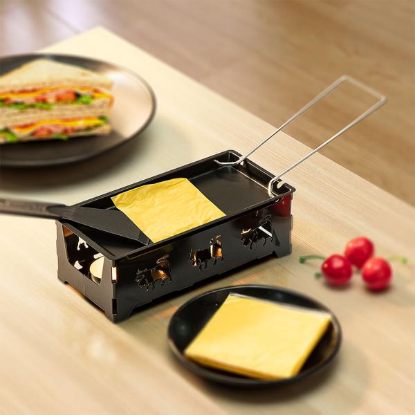 3er-Set Teelicht-Raclette für 1-2 Personen, Set ohne Strom, Teelichter & Schaber, Metall mit originell ausgestanzten Kühen, antihaftbeschichtet