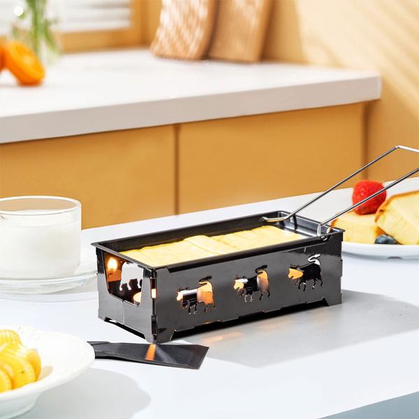 3er-Set Teelicht-Raclette für 1-2 Personen, Set ohne Strom, Teelichter & Schaber, Metall mit originell ausgestanzten Kühen, antihaftbeschichtet