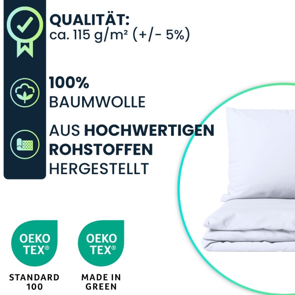 2er-Set Bettwäsche 155x220/80x80 cm, 100% Baumwolle mit Reissverschluss, hautsympathische & atmungsaktive Bett- und Kissenbezüge für erholsamen Schlaf