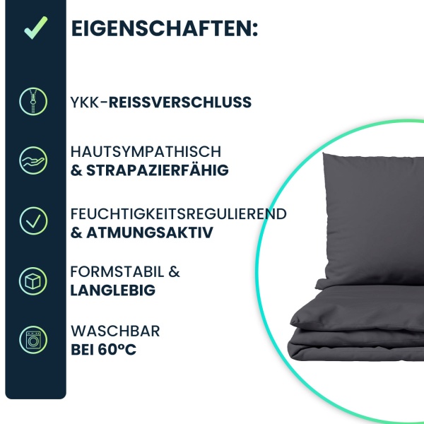 2er-Set Bettwäsche 155x220/80x80 cm, 100% Baumwolle mit Reissverschluss, hautsympathische & atmungsaktive Bett- und Kissenbezüge für erholsamen Schlaf