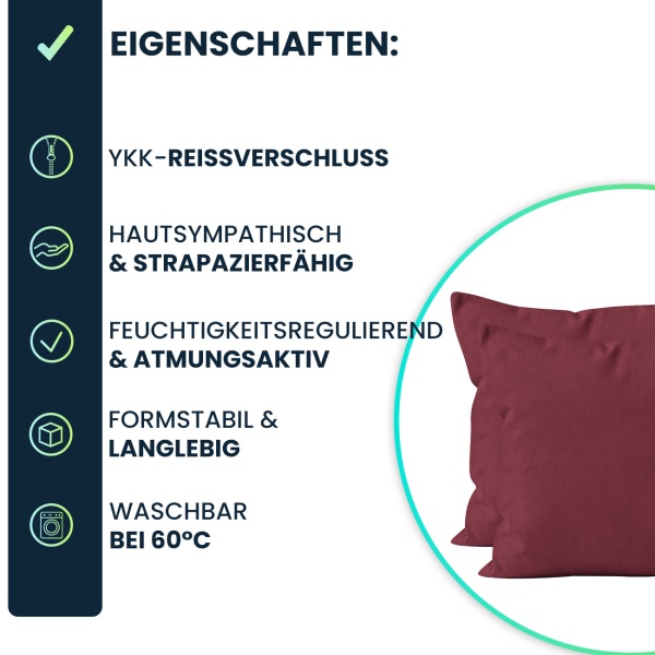 Kissenbezug 2er-Set 40x40 Bordeaux - Hochwertige Baumwolle Kissenhüllen für Deko, Bett & Sofakissen - Langlebig, Pflegeleicht & mit Reissverschluss