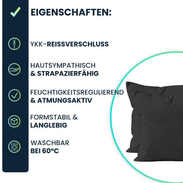 Kissenbezug 2er-Set 80x80 Schwarz - Hochwertige Baumwolle Kissenhüllen für Deko, Bett & Sofakissen - Langlebig, Pflegeleicht & mit Reissverschluss