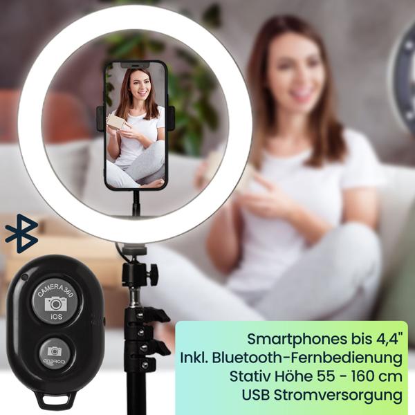 Professionelles LED-Ringlicht, Stativ-Ständer und Smartphone-Halterung, Fernauslöser, Ø 10" / 25 cm, App, für Youtube, TikTok, Make-Up, Live-Stream