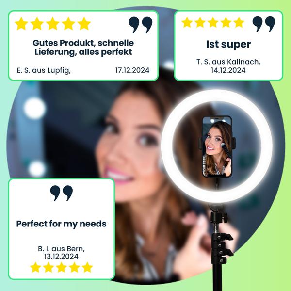 Professionelles LED-Ringlicht, Stativ-Ständer und Smartphone-Halterung, Fernauslöser, Ø 10" / 25 cm, App, für Youtube, TikTok, Make-Up, Live-Stream
