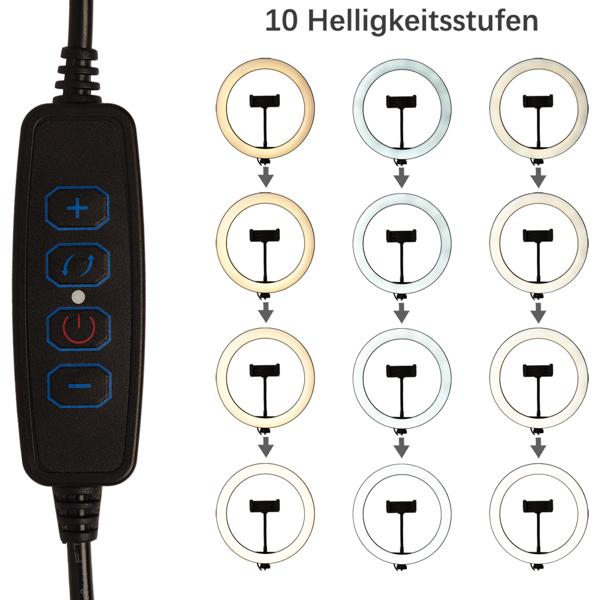 Professionelles LED-Ringlicht, Stativ-Ständer und Smartphone-Halterung, Fernauslöser, Ø 10" / 25 cm, App, für Youtube, TikTok, Make-Up, Live-Stream