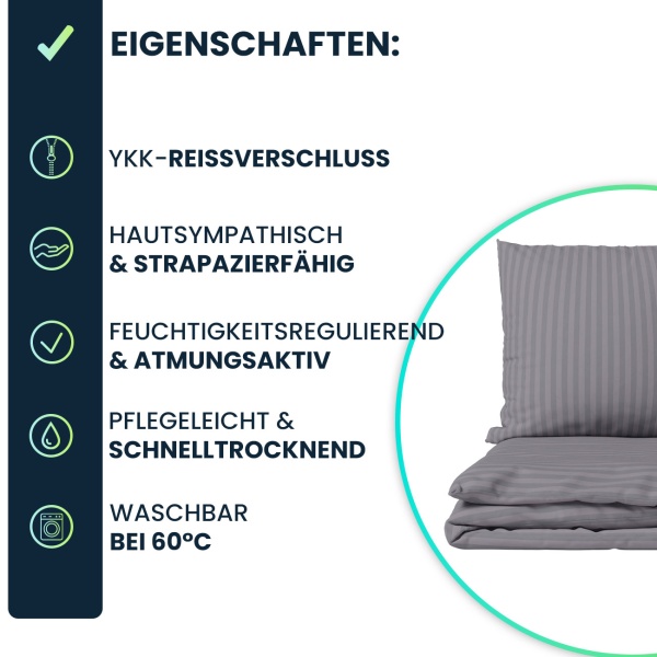 Bettwäsche-Set 135x200/80x80 cm, 100% Mikrofaser mit Reissverschluss, hautsympathischer & atmungsaktiver Bett- und Kissenbezug, Grau