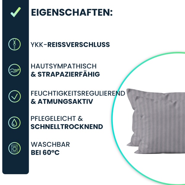 Kissenbezug 2er-Set 40x80 cm OEKO-TEX - Hochwertige Mikrofaser Kissenhüllen - Hautsympathisch, pflegeleicht & mit Reissverschluss - Grau