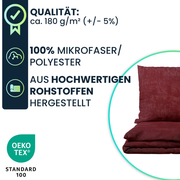 2er-Set Bettwäsche Cashmere Touch 135x200/80x80 cm, 100% Mikrofaser: Reissverschluss, hautsympathische & atmungsaktive Bett- & Kissenbezüge - Bordeaux