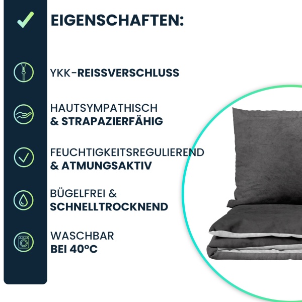 Bettwäsche-Set Cashmere Touch 135x200/80x80 cm, 100% Mikrofaser: Reissverschluss, hautsympathischer & weicher Bett- & Kissenbezug - Anthrazit/Silber