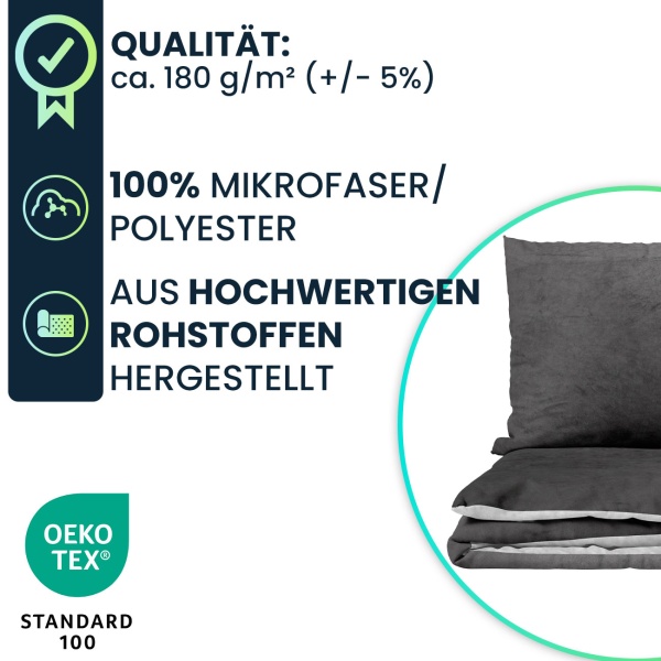 2er-Set Bettwäsche Cashmere Touch 135x200/80x80 cm, 100% Mikrofaser: Reissverschluss, hautsympathische & atmungsaktive Bett- & Kissenbezüge - Anthrazit/Silber