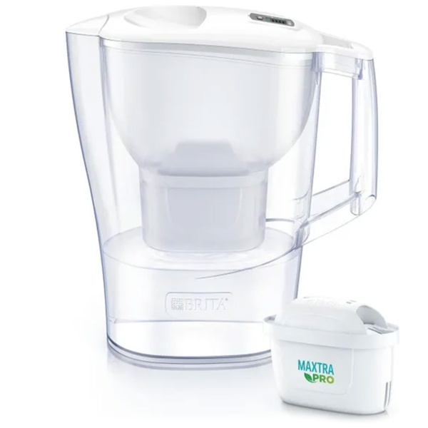 BRITA Tischwasserfilter Aluna inklusive 1 MAXTRA PRO Kartusche, 2,4L Gesamtkapazität, reduziert Kalk & Chlor, BPA-frei, für frisches Trinkwasser, weiss