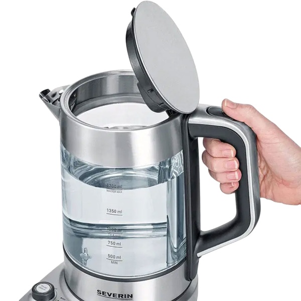 Severin Teekocher Professional, 3000W, 1,7L: mit automatischer Hebefunktion für Tee - perfekt für Büro & Zuhause - Wasserkocher aus Glas & Edelstahl