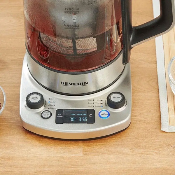 Severin Teekocher Professional, 3000W, 1,7L: mit automatischer Hebefunktion für Tee - perfekt für Büro & Zuhause - Wasserkocher aus Glas & Edelstahl