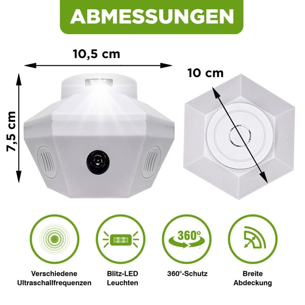 2er-Set Ultraschall Tiervertreiber 360°: Effektiv gegen Mäuse, Ratten, Marder & Siebenschläfer - Universell für Dachboden, Keller & Innenräume